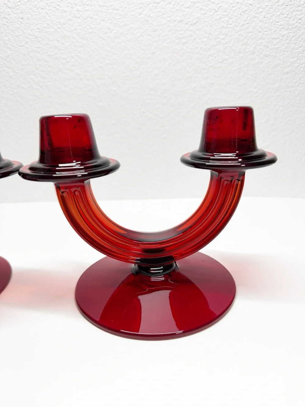 Rare 30s Vintage Fostoria Ruby Red Duo Art Deco Taper Candle Sticks Pair